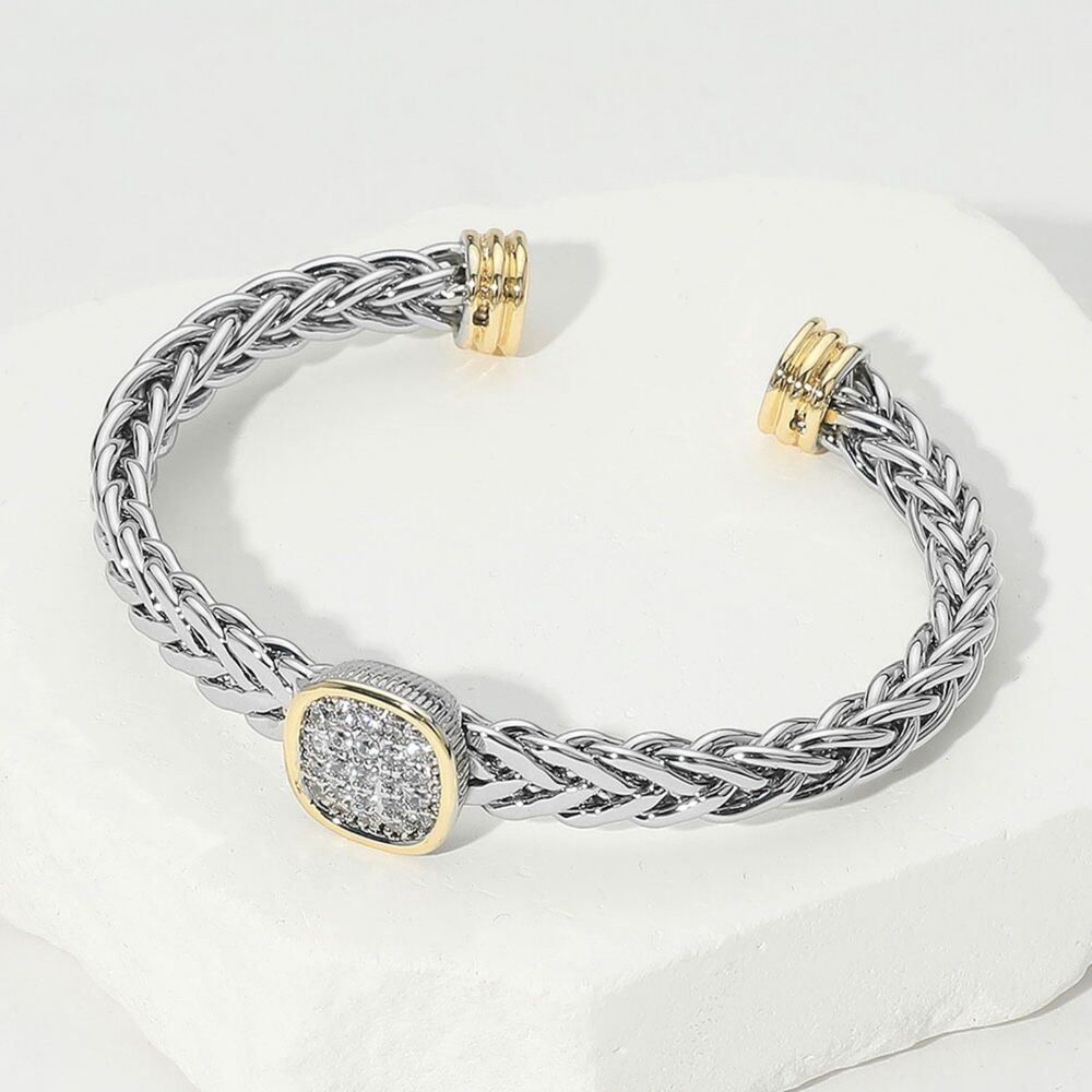 Two Tone 14K CZ Crystal Square Stone Silver Braided Cable Cuff Bracelet Jewelry